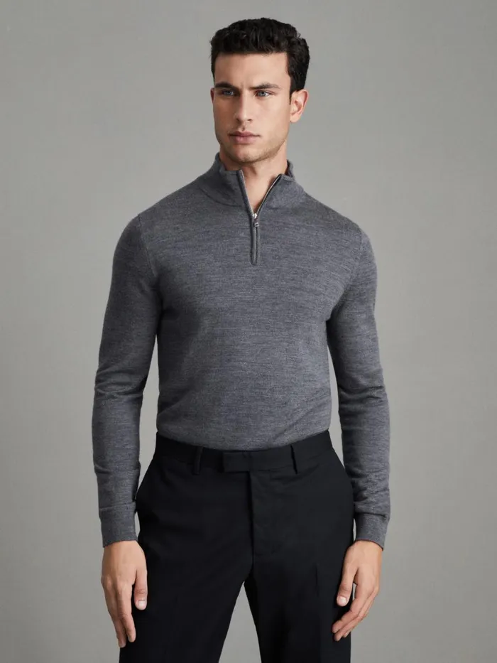 Men Reiss Knitwear Blackhall Merino Wool Half Zip Funnel Neck Jumper Mid Grey Melange Men Reiss Knitwear Blackhall Merino Wool Half Zip Funnel Neck Jumper Mid Grey Melange