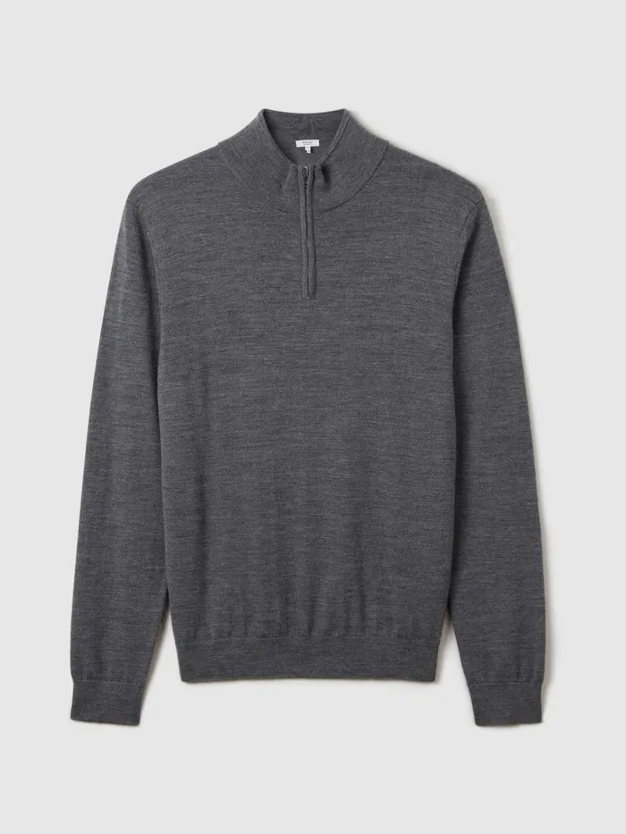 Men Reiss Knitwear Blackhall Merino Wool Half Zip Funnel Neck Jumper Mid Grey Melange