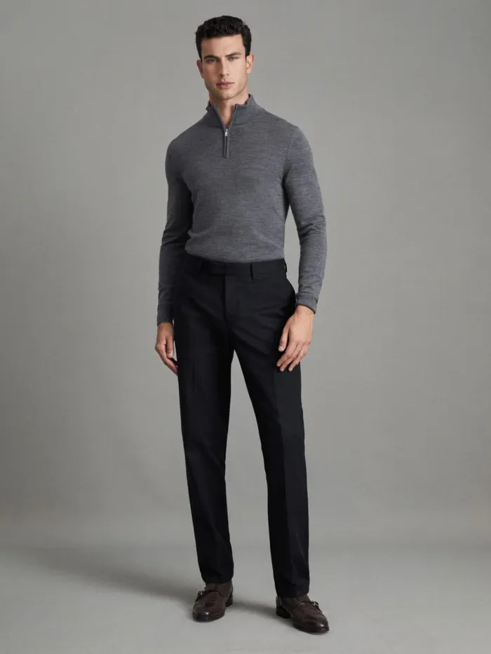 Men Reiss Knitwear Blackhall Merino Wool Half Zip Funnel Neck Jumper Mid Grey Melange