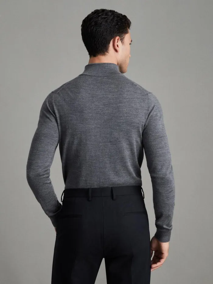 Men Reiss Knitwear Blackhall Merino Wool Half Zip Funnel Neck Jumper Mid Grey Melange