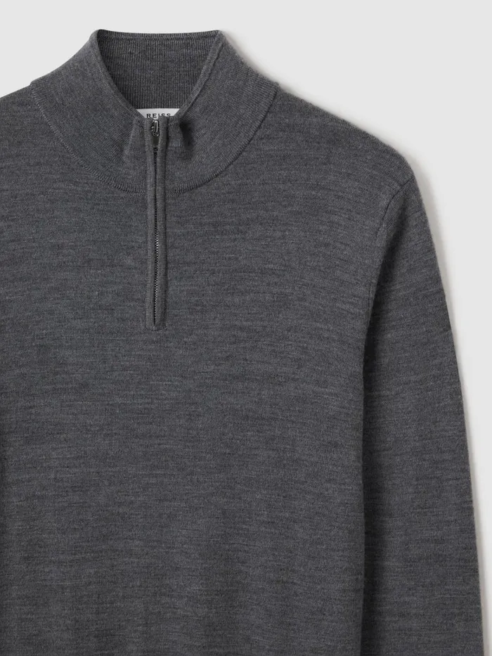 Men Reiss Knitwear Blackhall Merino Wool Half Zip Funnel Neck Jumper Mid Grey Melange