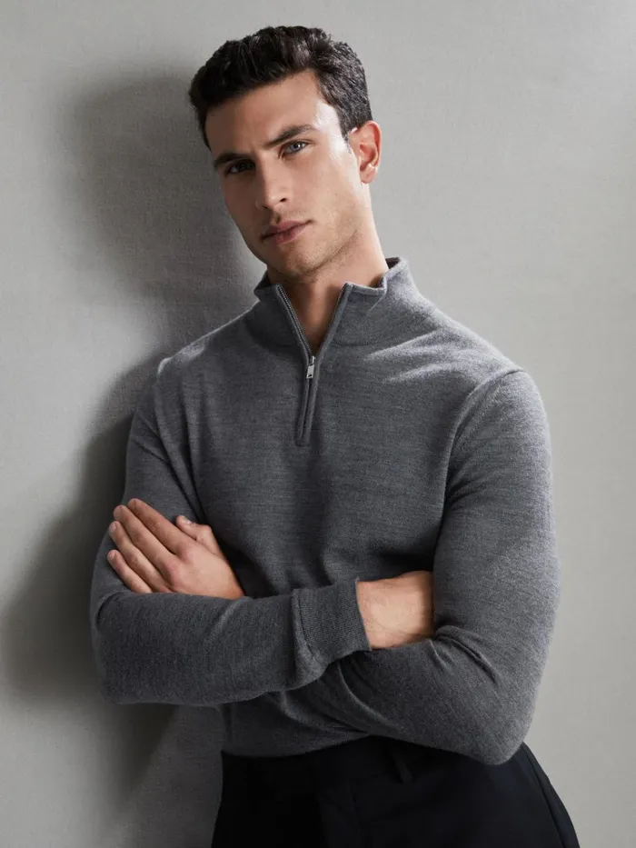 Men Reiss Knitwear Blackhall Merino Wool Half Zip Funnel Neck Jumper Mid Grey Melange