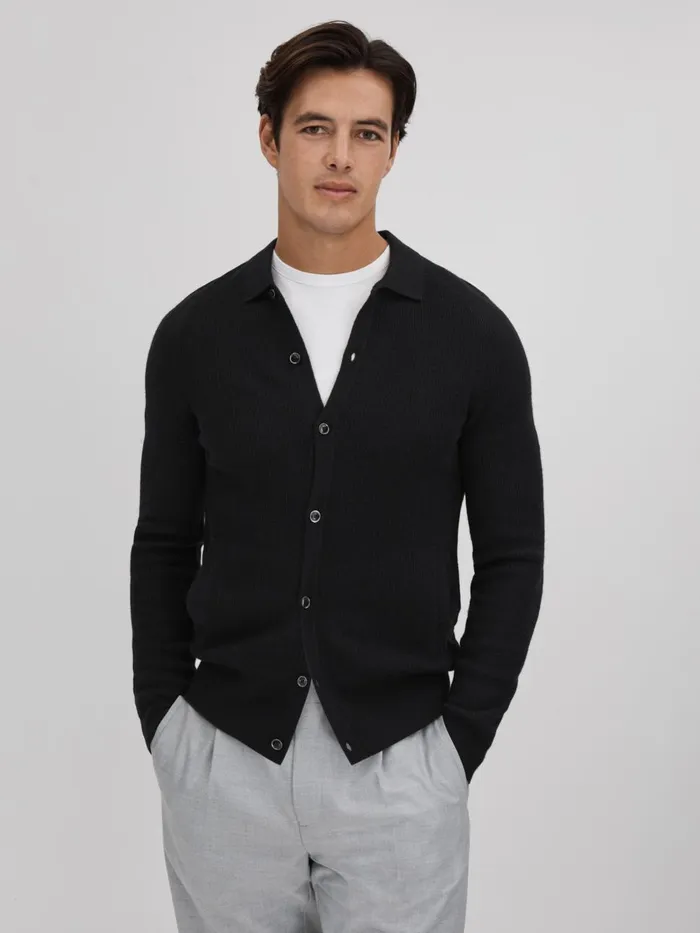 Men Reiss Knitwear Kiedler Ribbed Wool Cardigan Black