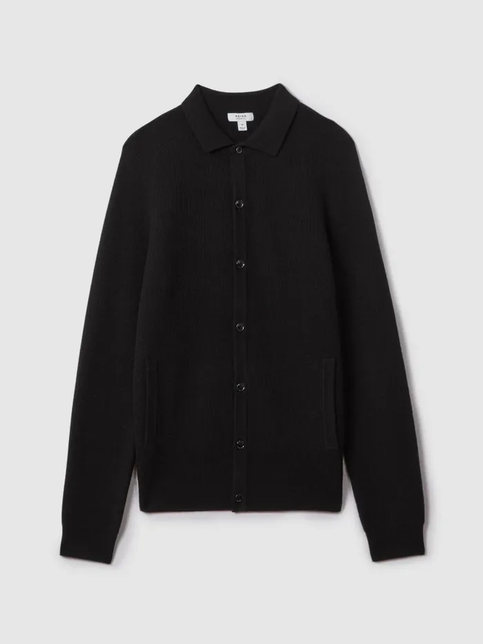Men Reiss Knitwear Kiedler Ribbed Wool Cardigan Black
