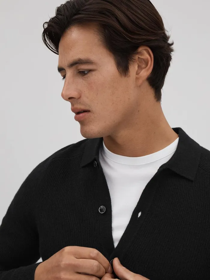 Men Reiss Knitwear Kiedler Ribbed Wool Cardigan Black