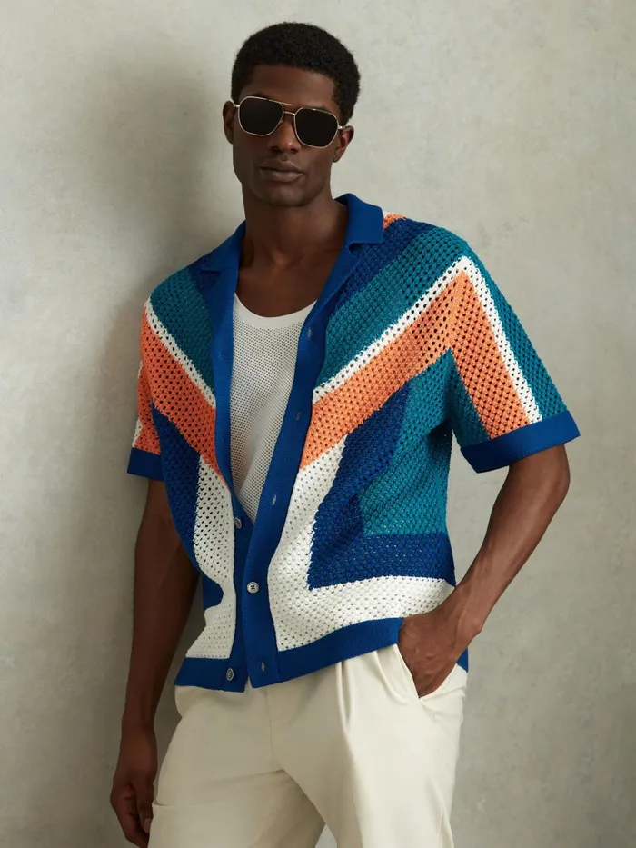 Men Reiss Knitwear Panko Cotton Blend Crochet Cuban Collar Shirt Bright Multi Men Reiss Knitwear Panko Cotton Blend Crochet Cuban Collar Shirt Bright Multi