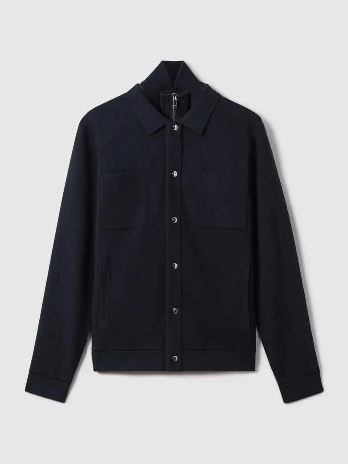 Men Reiss Knitwear Parkhurst Hybrid Funnel Neck Jacket Navy