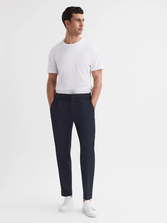 Men Reiss Pants Brighton Relaxed Drawstring Trousers With TurnUps Navy