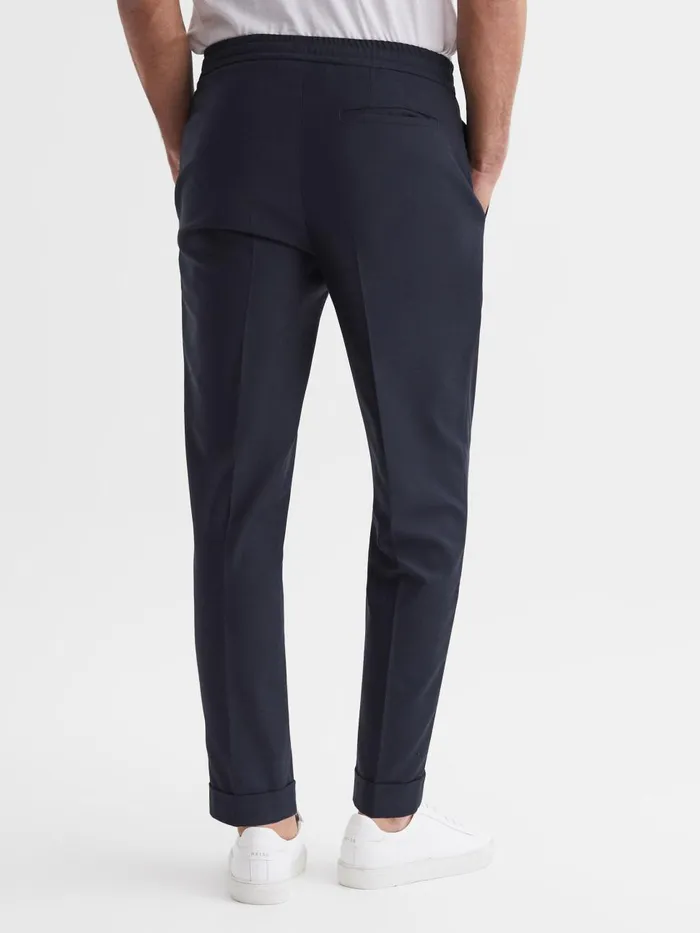 Men Reiss Pants Brighton Relaxed Drawstring Trousers With TurnUps Navy