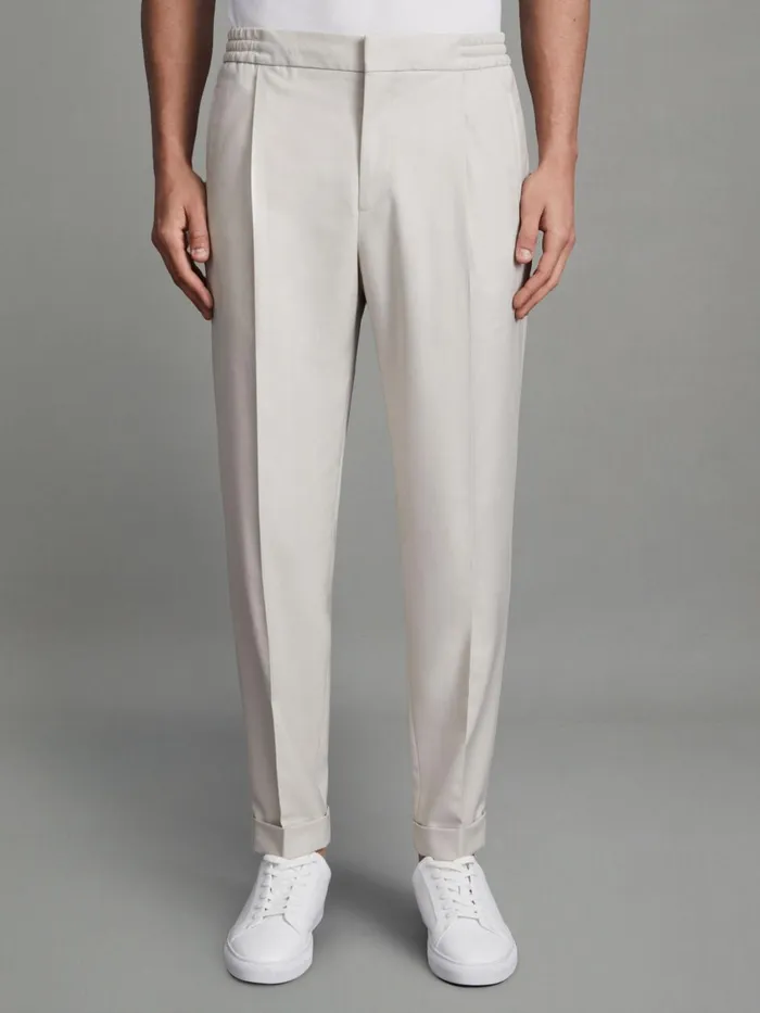 Men Reiss Pants Brighton Relaxed Drawstring Trousers With TurnUps Stone