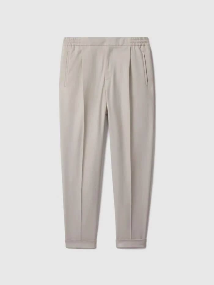 Men Reiss Pants Brighton Relaxed Drawstring Trousers With TurnUps Stone