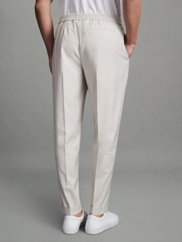 Men Reiss Pants Brighton Relaxed Drawstring Trousers With TurnUps Stone