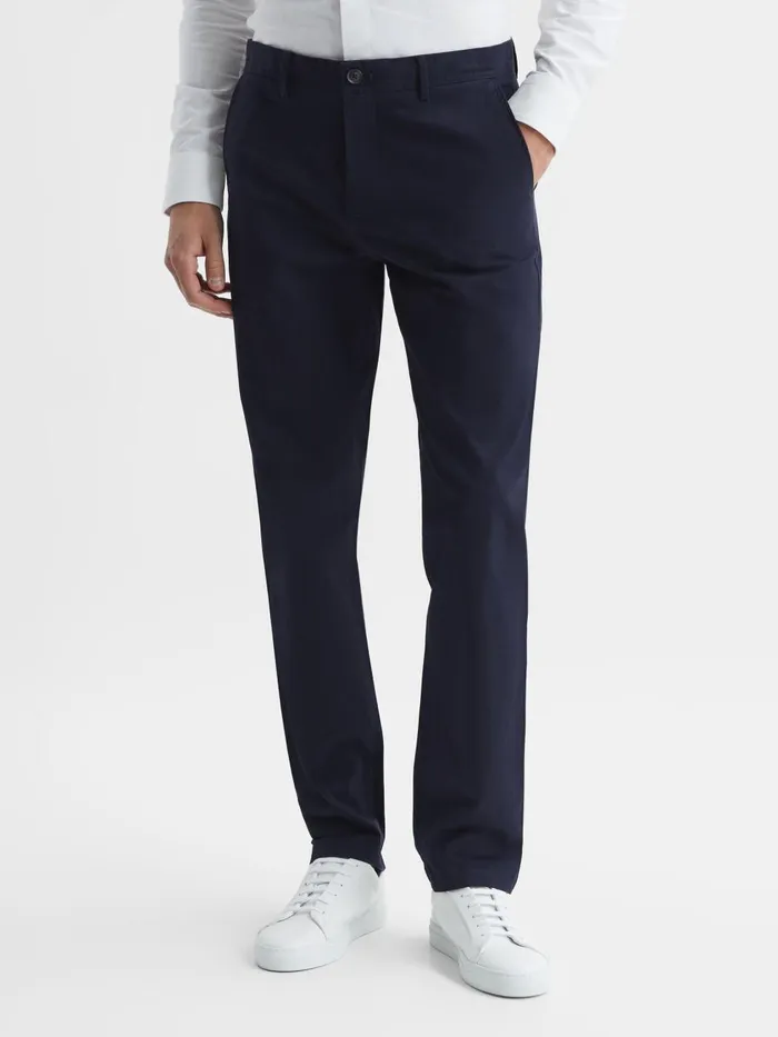 Men Reiss Pants Pitch Slim Fit Washed Cotton Blend Chinos Navy