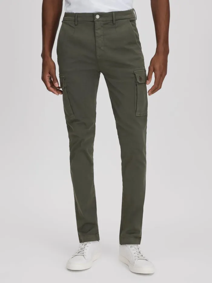 Men Reiss Pants Slim Fit Cargo Trousers Military Green