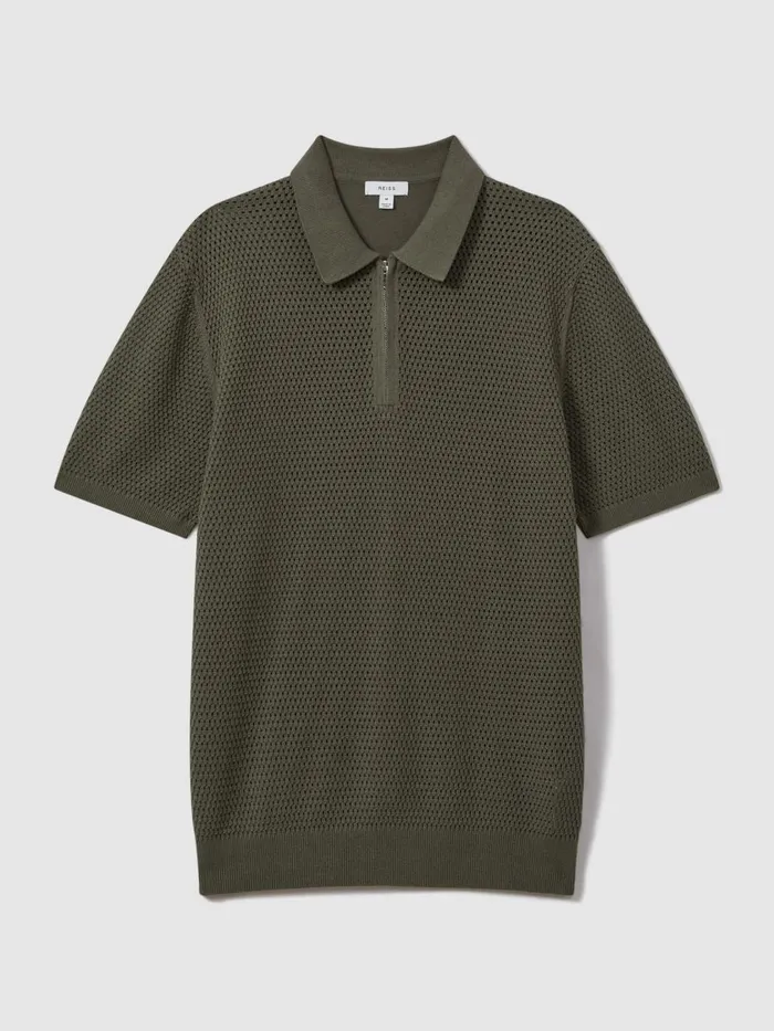 Men Reiss Polo Shirts Burnham Cotton Blend Textured Half Zip Polo Shirt Dark Sage