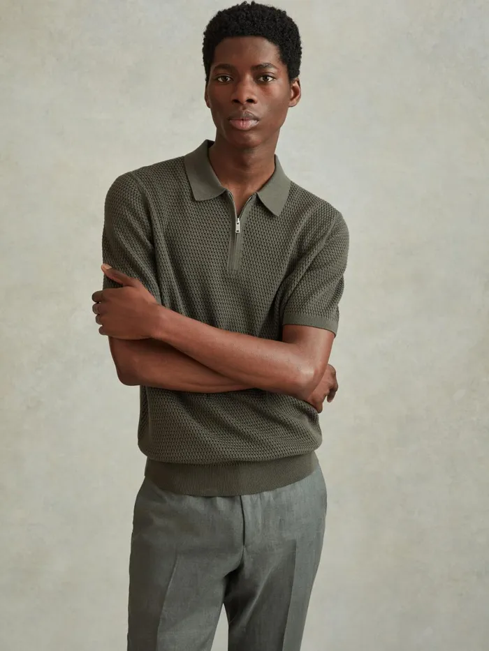 Men Reiss Polo Shirts Burnham Cotton Blend Textured Half Zip Polo Shirt Dark Sage