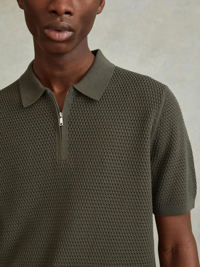 Men Reiss Polo Shirts Burnham Cotton Blend Textured Half Zip Polo Shirt Dark Sage