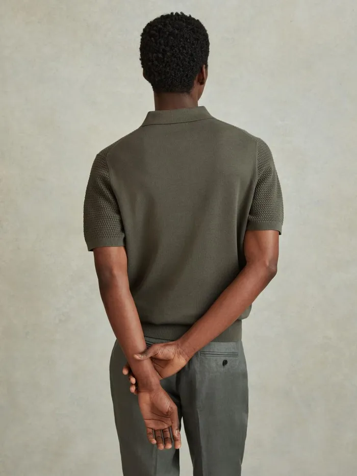 Men Reiss Polo Shirts Burnham Cotton Blend Textured Half Zip Polo Shirt Dark Sage