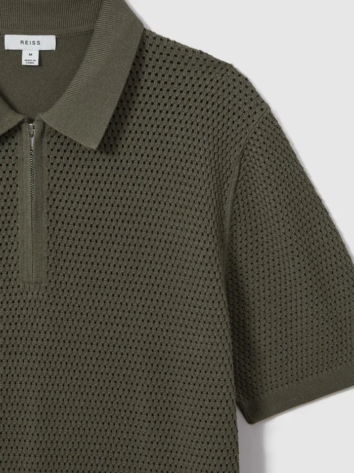 Men Reiss Polo Shirts Burnham Cotton Blend Textured Half Zip Polo Shirt Dark Sage