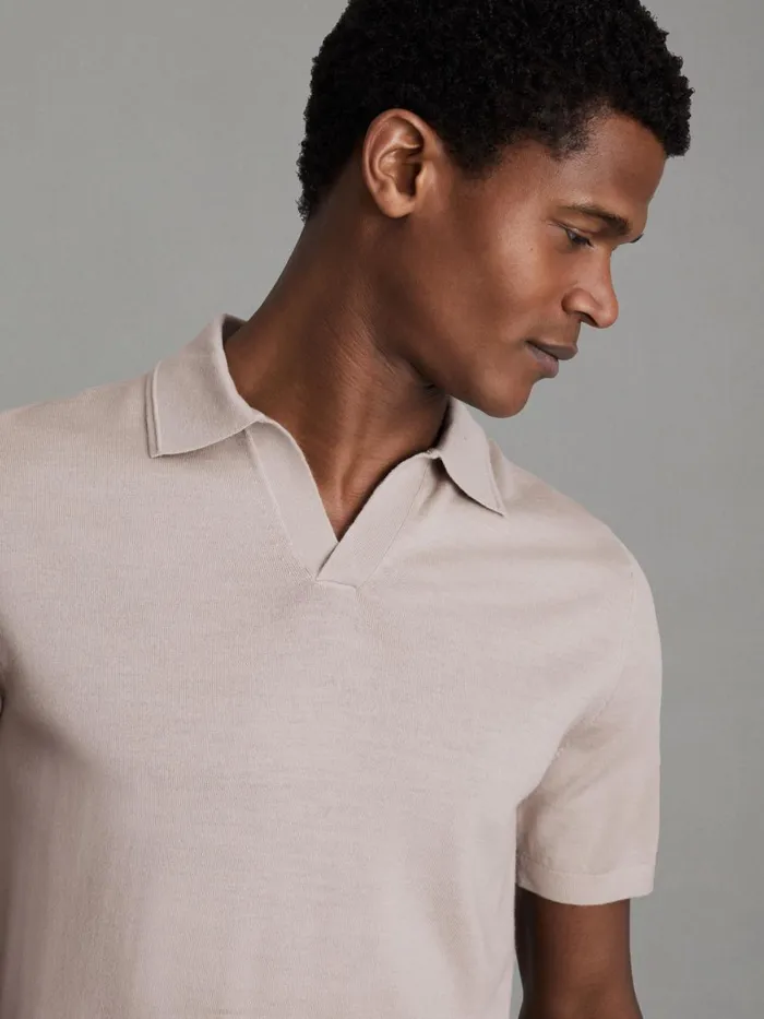 Men Reiss Polo Shirts Duchie Merino Wool Open Collar Polo Shirt Washed Stone