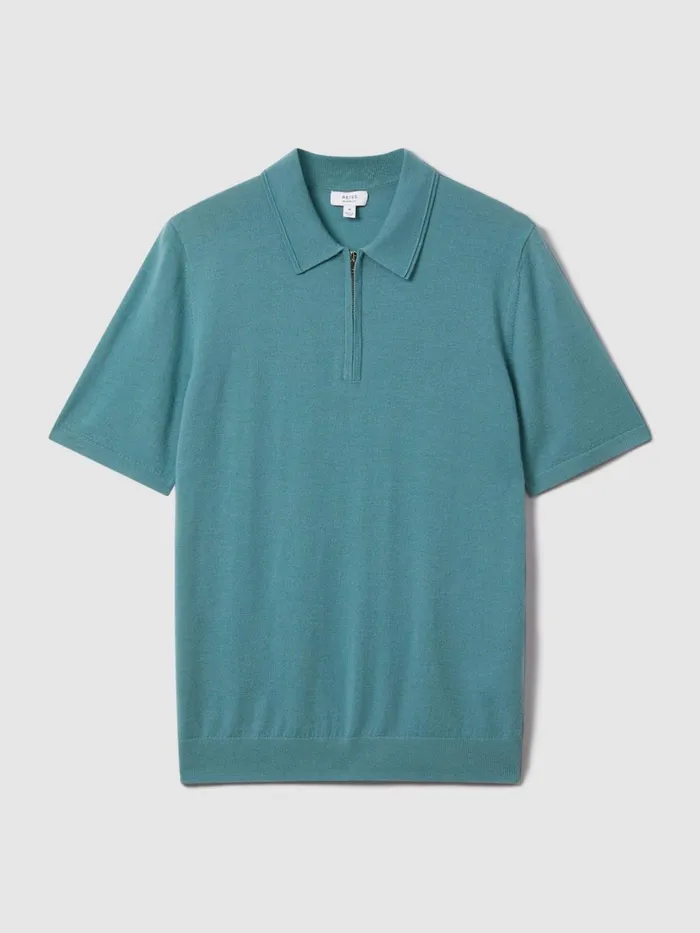 Men Reiss Polo Shirts Maxwell Merino Wool HalfZip Polo Shirt Ocean Green