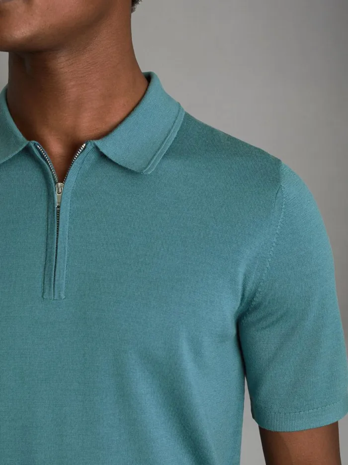 Men Reiss Polo Shirts Maxwell Merino Wool HalfZip Polo Shirt Ocean Green