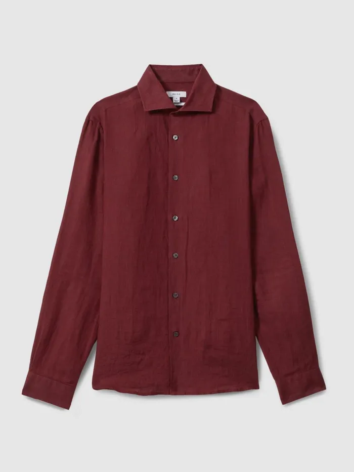 Men Reiss Shirts Ruban Linen Button Through Shirt Pecan Brown