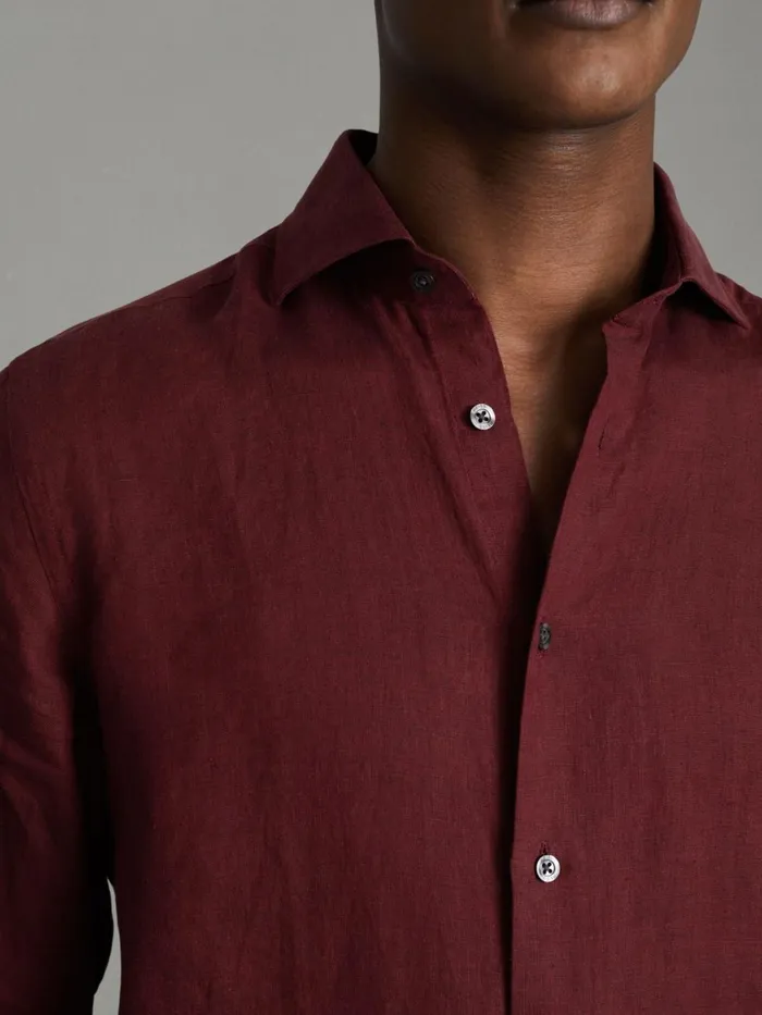 Men Reiss Shirts Ruban Linen Button Through Shirt Pecan Brown