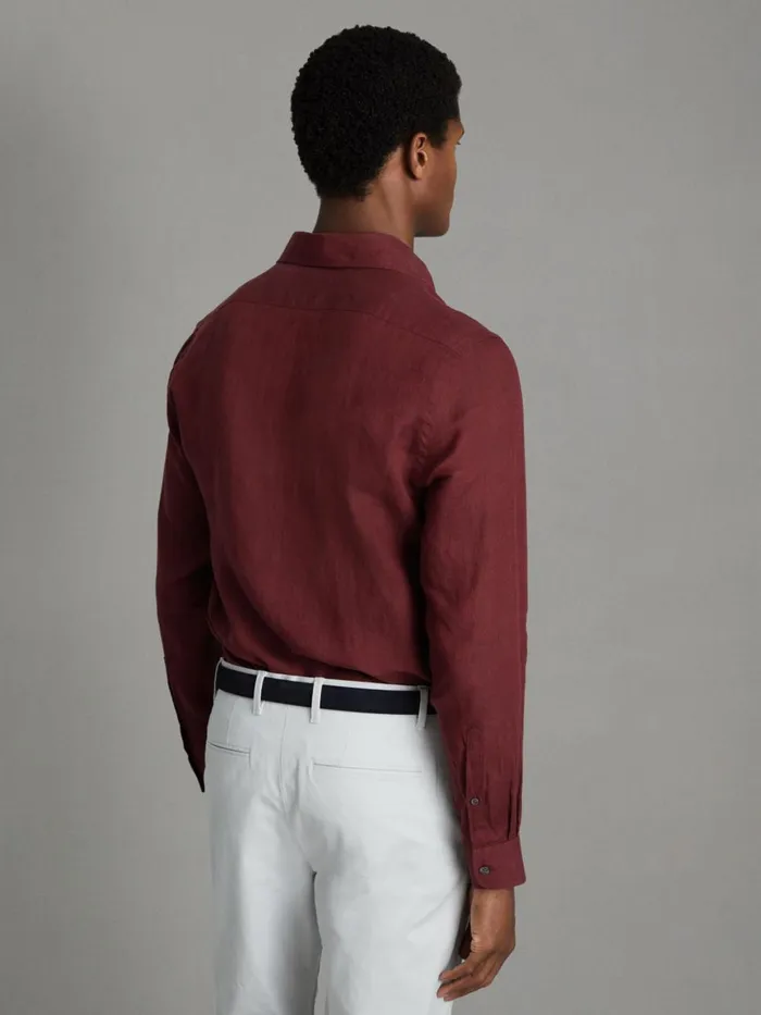 Men Reiss Shirts Ruban Linen Button Through Shirt Pecan Brown