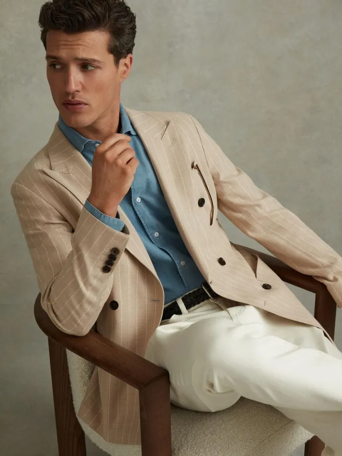 Men Reiss Suits and Tailoring Jeremiah Slim Fit Double Breasted Striped Blazer Oatmeal Men Reiss Suits and Tailoring Jeremiah Slim Fit Double Breasted Striped Blazer Oatmeal