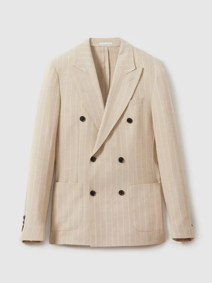 Men Reiss Suits and Tailoring Jeremiah Slim Fit Double Breasted Striped Blazer Oatmeal