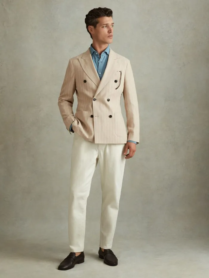 Men Reiss Suits and Tailoring Jeremiah Slim Fit Double Breasted Striped Blazer Oatmeal