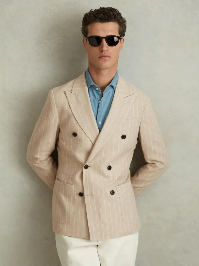 Men Reiss Suits and Tailoring Jeremiah Slim Fit Double Breasted Striped Blazer Oatmeal