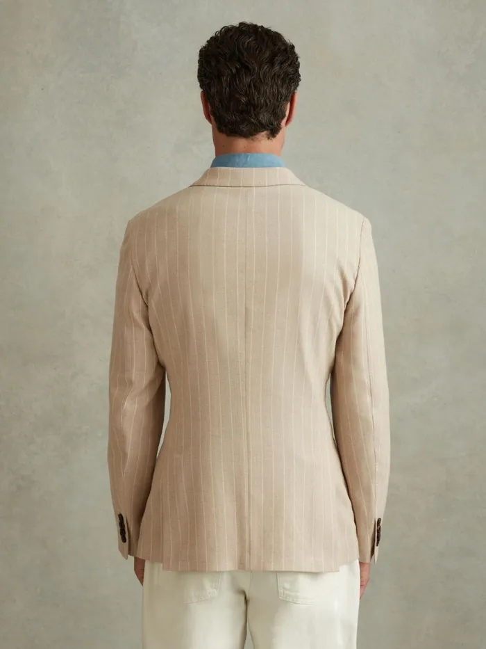 Men Reiss Suits and Tailoring Jeremiah Slim Fit Double Breasted Striped Blazer Oatmeal