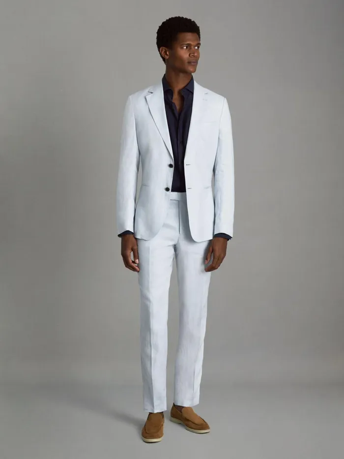 Men Reiss Suits and Tailoring Kin Slim Fit Single Breasted Linen Blazer Soft Blue