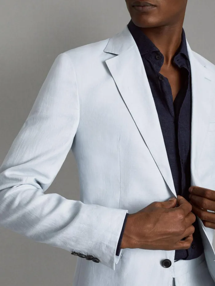 Men Reiss Suits and Tailoring Kin Slim Fit Single Breasted Linen Blazer Soft Blue