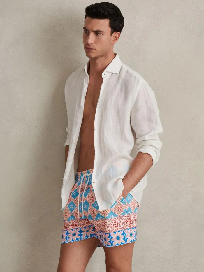 Men Reiss Swimwear Arizona Medallion Print Drawstring Swim Shorts Orange Multi Men Reiss Swimwear Arizona Medallion Print Drawstring Swim Shorts Orange Multi