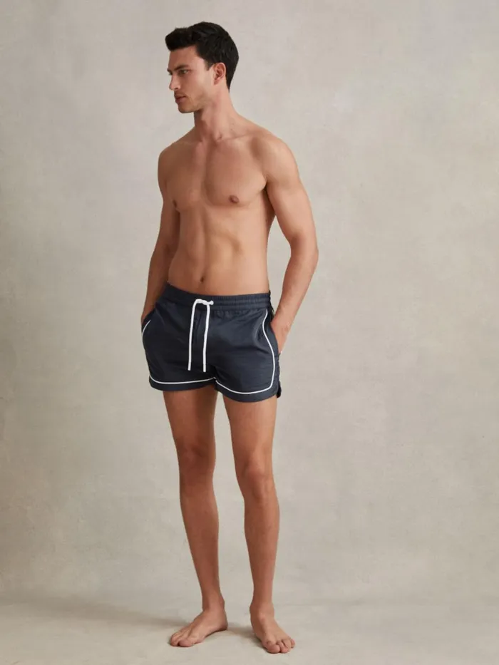 Men Reiss Swimwear Azure Piped Drawstring Swim Shorts Navy