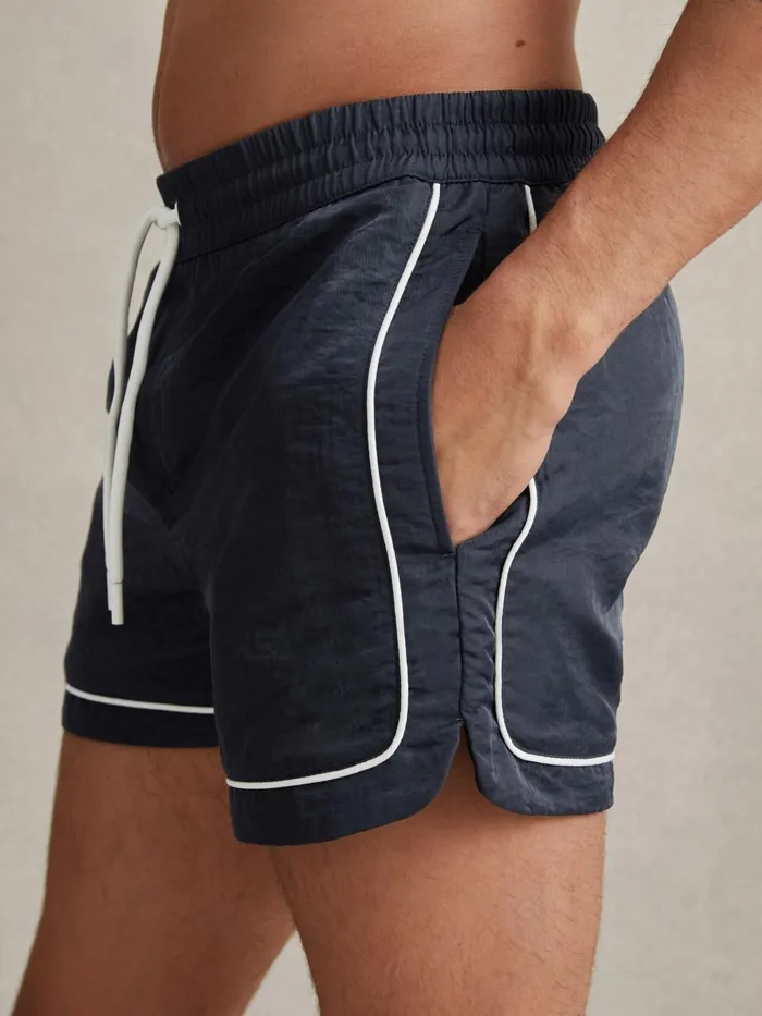 Men Reiss Swimwear Azure Piped Drawstring Swim Shorts Navy
