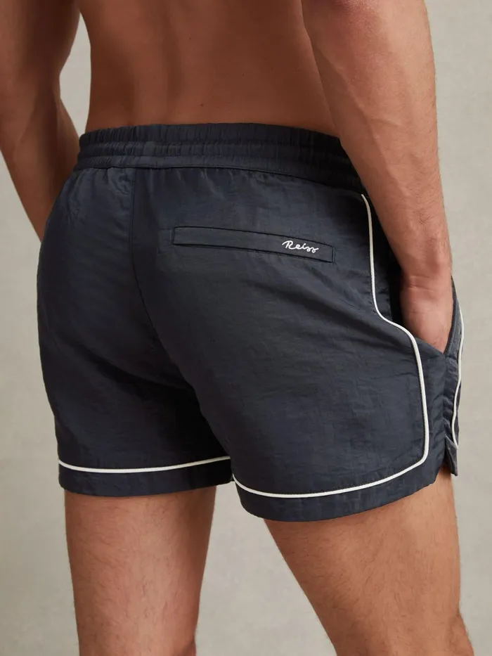 Men Reiss Swimwear Azure Piped Drawstring Swim Shorts Navy
