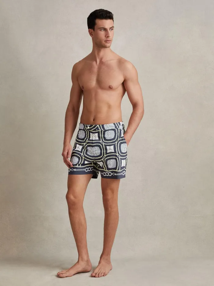 Men Reiss Swimwear Palm Chain Print Swim Shorts Navy Multi