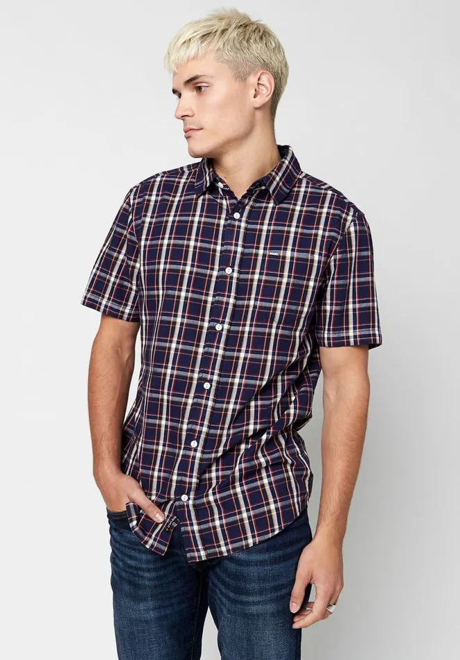 Men Short Sleeve Sobre Plaid Shirt Midnight Blue Buffalo David Bitton Shirts