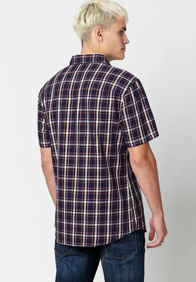 Men Short Sleeve Sobre Plaid Shirt Midnight Blue Buffalo David Bitton Shirts