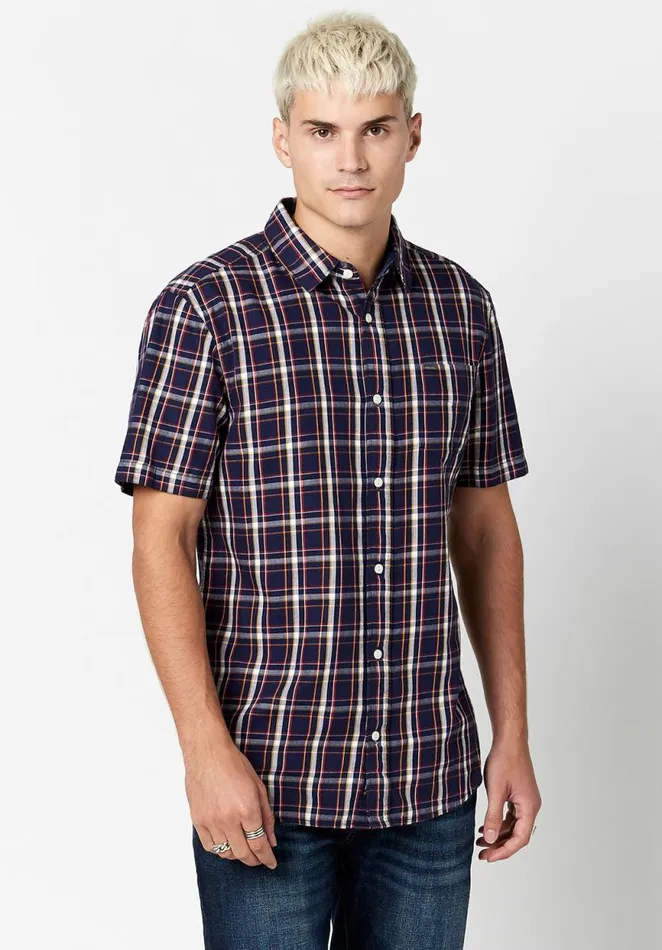 Men Short Sleeve Sobre Plaid Shirt Midnight Blue Buffalo David Bitton Shirts