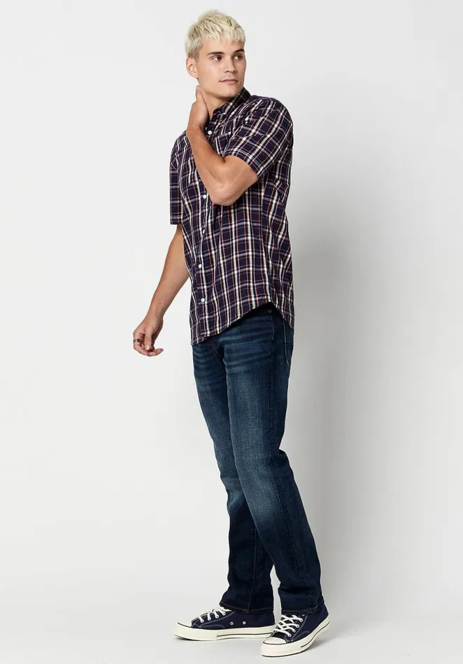 Men Short Sleeve Sobre Plaid Shirt Midnight Blue Buffalo David Bitton Shirts