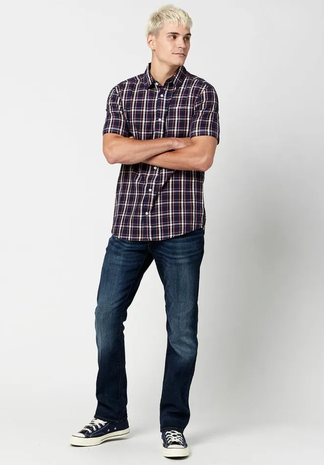 Men Short Sleeve Sobre Plaid Shirt Midnight Blue Buffalo David Bitton Shirts