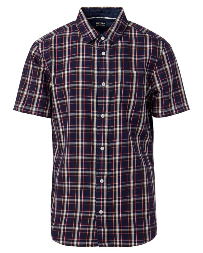 Men Short Sleeve Sobre Plaid Shirt Midnight Blue Buffalo David Bitton Shirts