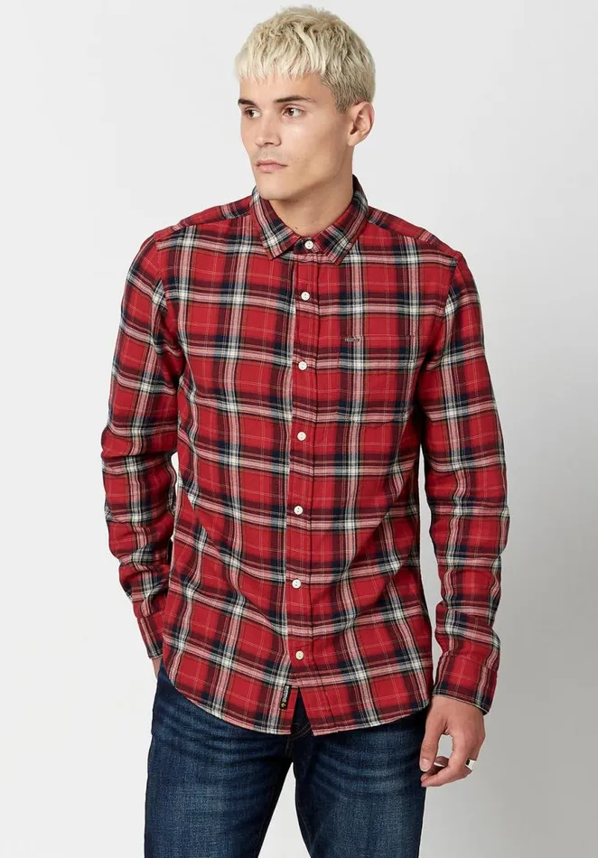 Men Twill Plaid Satwil Shirt Cranberry Buffalo David Bitton Shirts