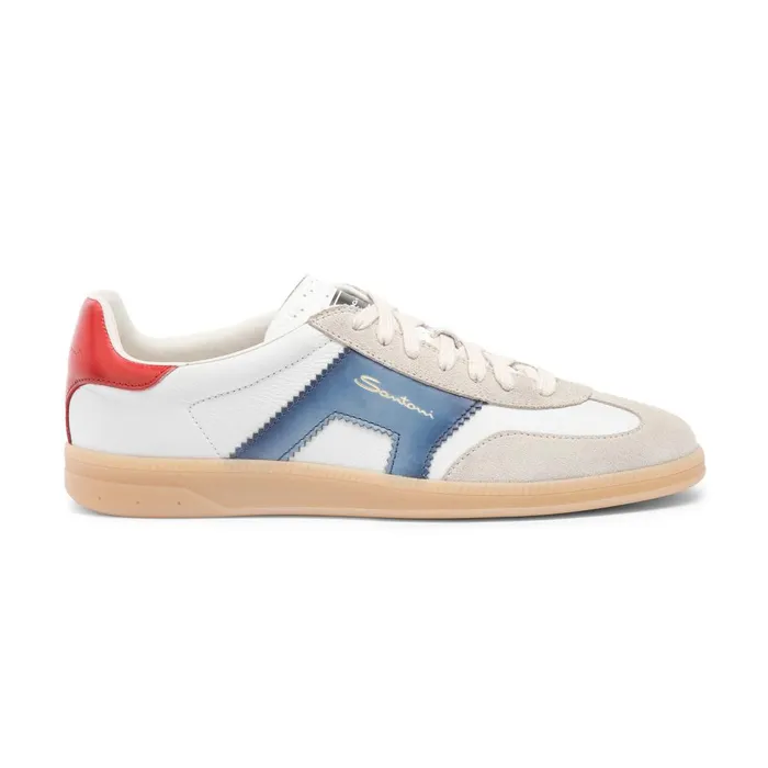 Men White Red Blue And Beige Leather And Suede Dbs Oly Sneaker Santoni Sneakers