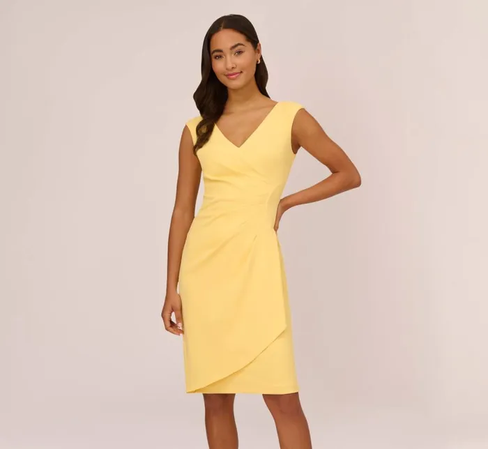 Midi Dresses Womens Adrianna Papell Crepe Sheath Dress With Draped Details In Warm Sun Midi Dresses Womens Adrianna Papell Crepe Sheath Dress With Draped Details In Warm Sun